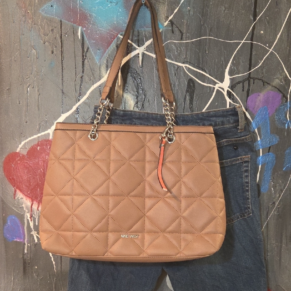 Nine West Tan Quilted Shoulder Bag with Chain Detail